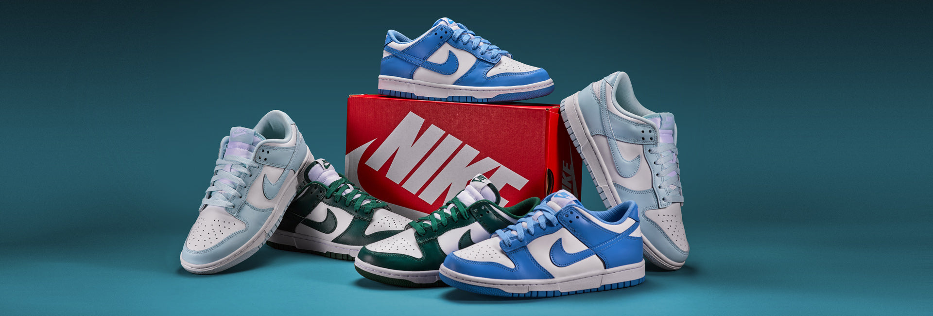 Nike Dunk Gruppen - Dunk Blau, Hellblau und Grün von vorne 